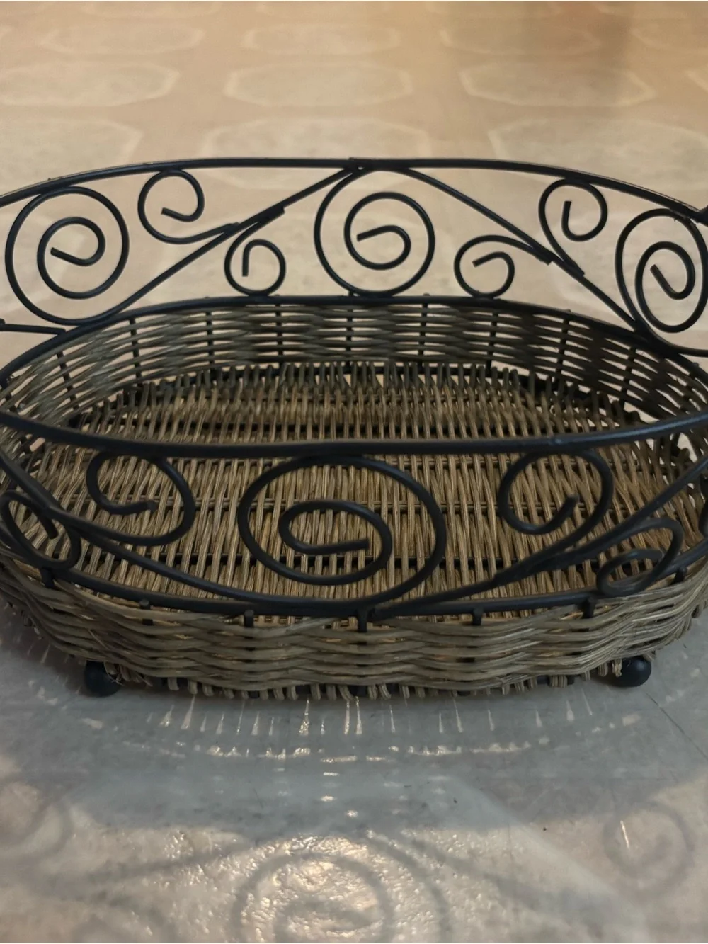 Woven Rattan and Black Metal Bread Serving Basket